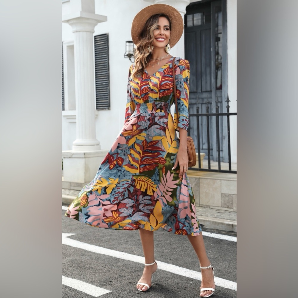 M.Nollby Maxi Dress Long Sleeve Dress V Neck Casual Loose Boho Floral Print